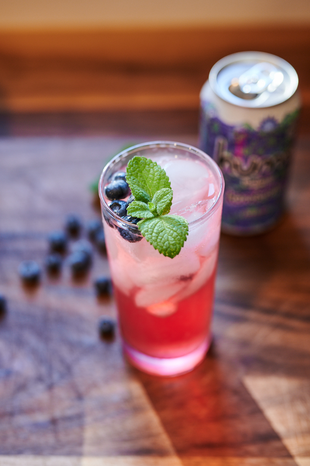 Blueberry mint kombucha cocktail with fresh blueberries