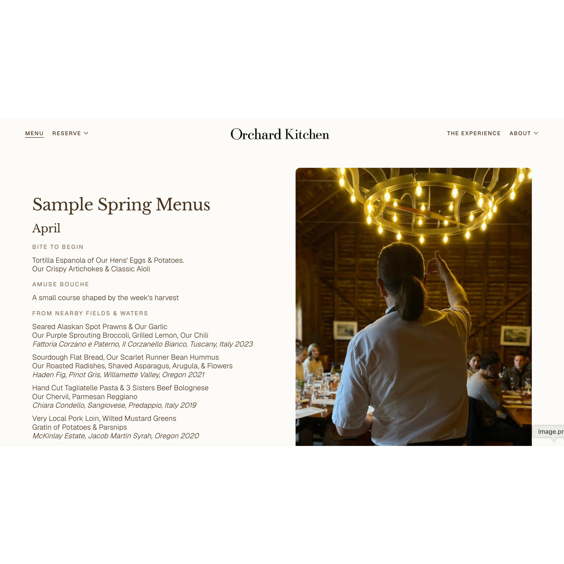 New Orchard Kitchen menu page